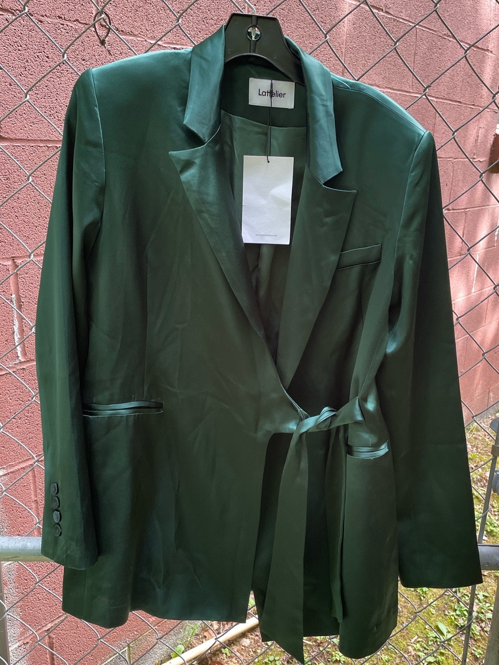 NWT Lattelier Green Satin Tie Wrap Blazer size Medium